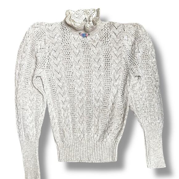 Vintage Sweater Pointelle Cottagecore Ruffled Crochet Mock Neck Floral Cotton XS - Picture 1 of 14